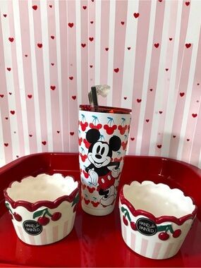 Disney Mickey Mouse Cherry Tumbler + Pair of Hand-Painted Cherry Bowls GIFT SET